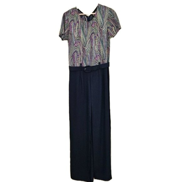 Cartise Intl Jumpsuit Womens 8 Navy Rainbow Wide Leg Palazzo Disco 90s VTG Boho - Picture 13 of 14
